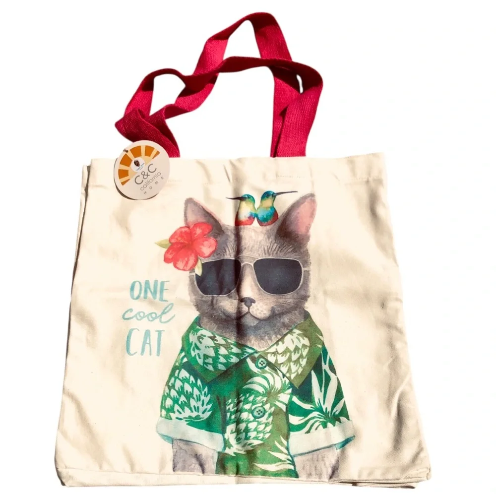 Canvas Cool Cat Tote with Pink Handles and Green Tropical Print